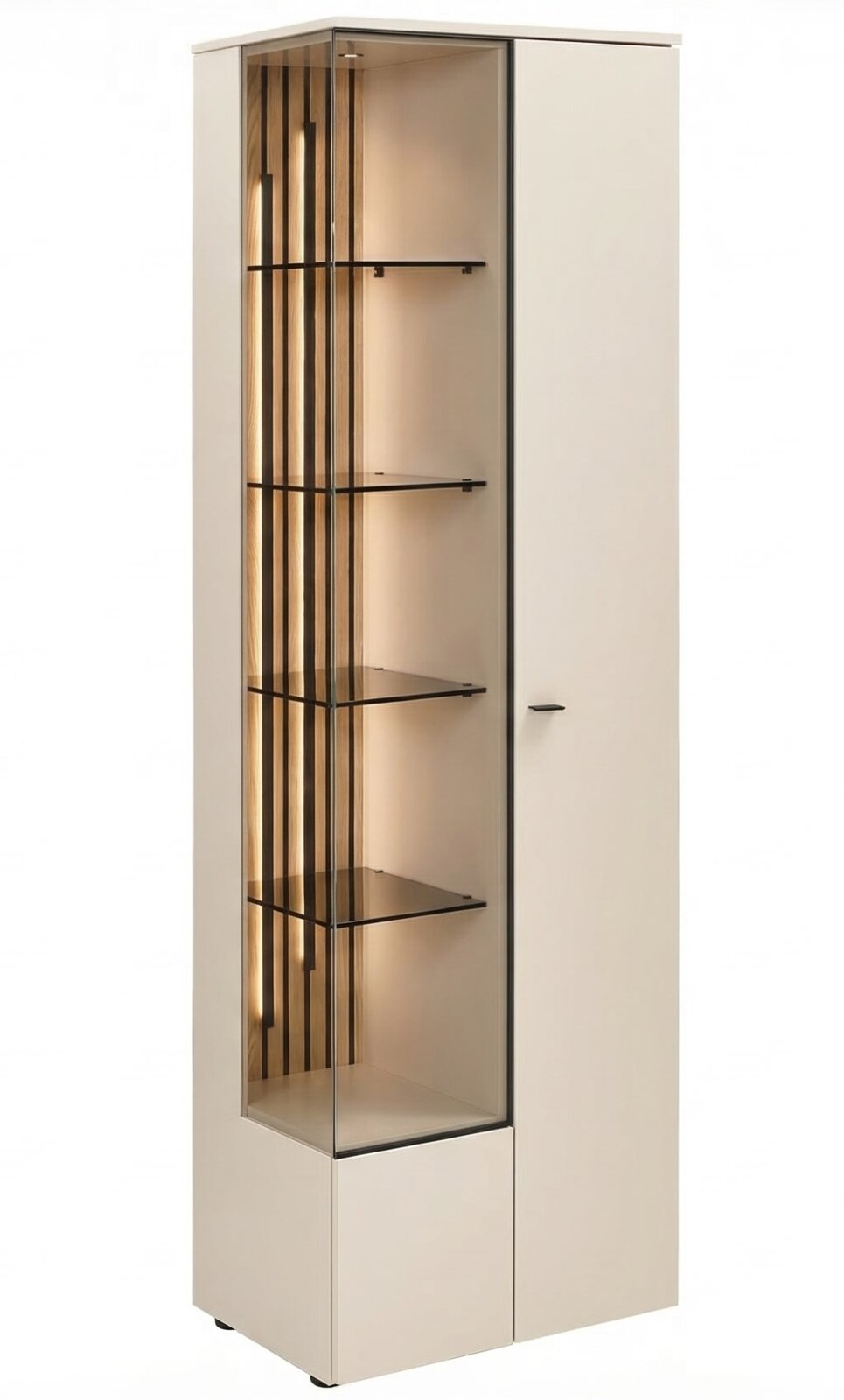 Venjakob Vitrine VANYA Moderne hoge vitrinekast in wit met glazen front, glazen legplanken en warme LED-verlichting, getoond in schuin vooraanzicht