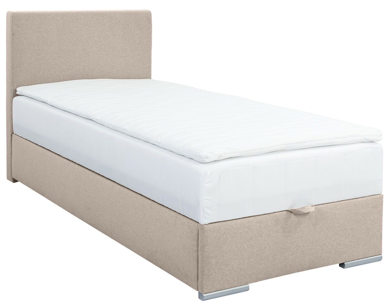 Boxbett 90 in Beige aus seitlicher Perspektive mit gepolstertem Kopfteil und weißer Matratze