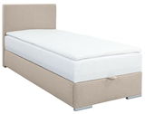 Boxbett 90 in Beige aus seitlicher Perspektive mit gepolstertem Kopfteil und weißer Matratze