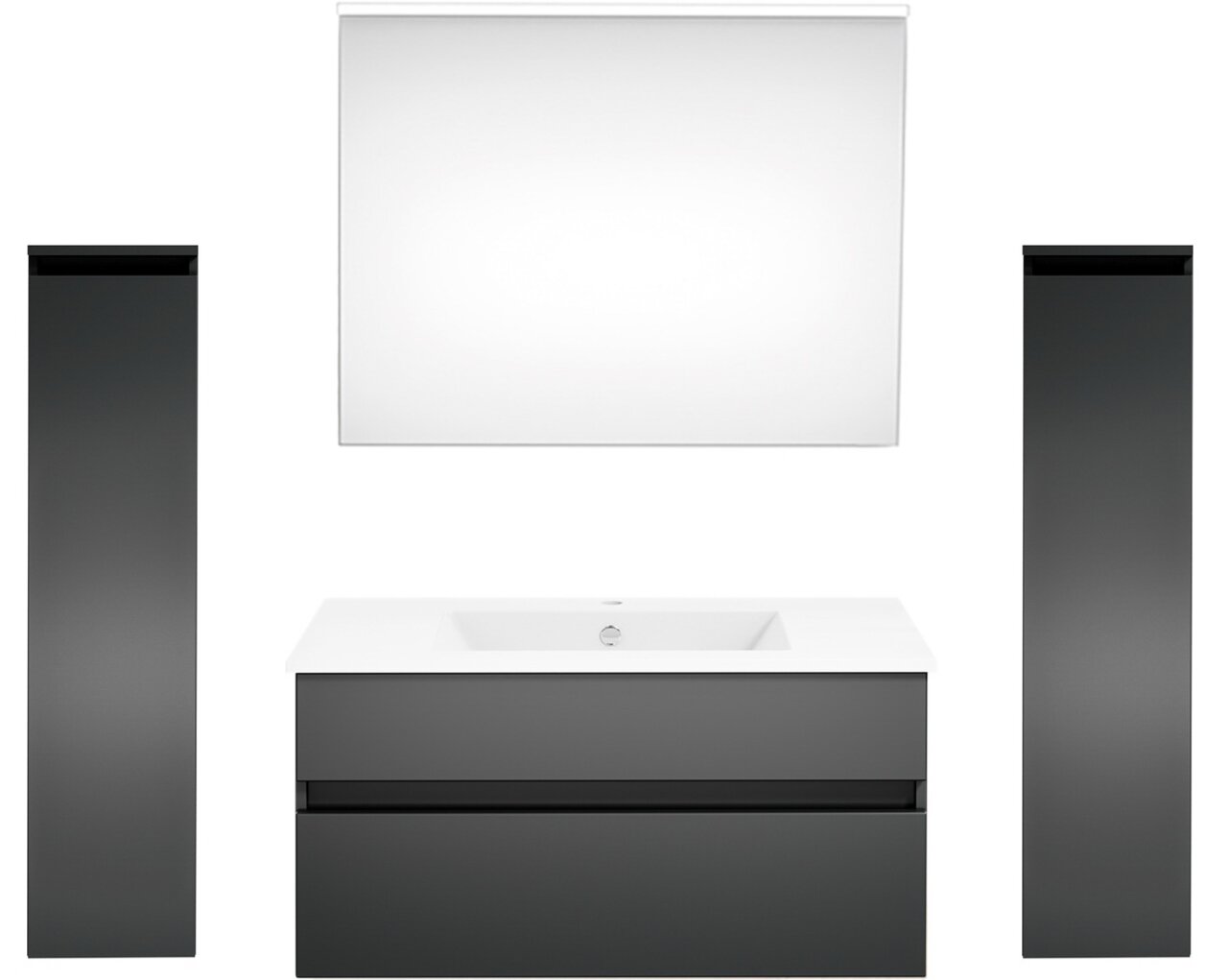 Puris Badkombination GET2YOU 21 Moderne Badkombination mit zwei hohen, schwarzen Schränken, einem weißen Waschbecken mit Unterschrank und einem großen Spiegel, frontal betrachtet.