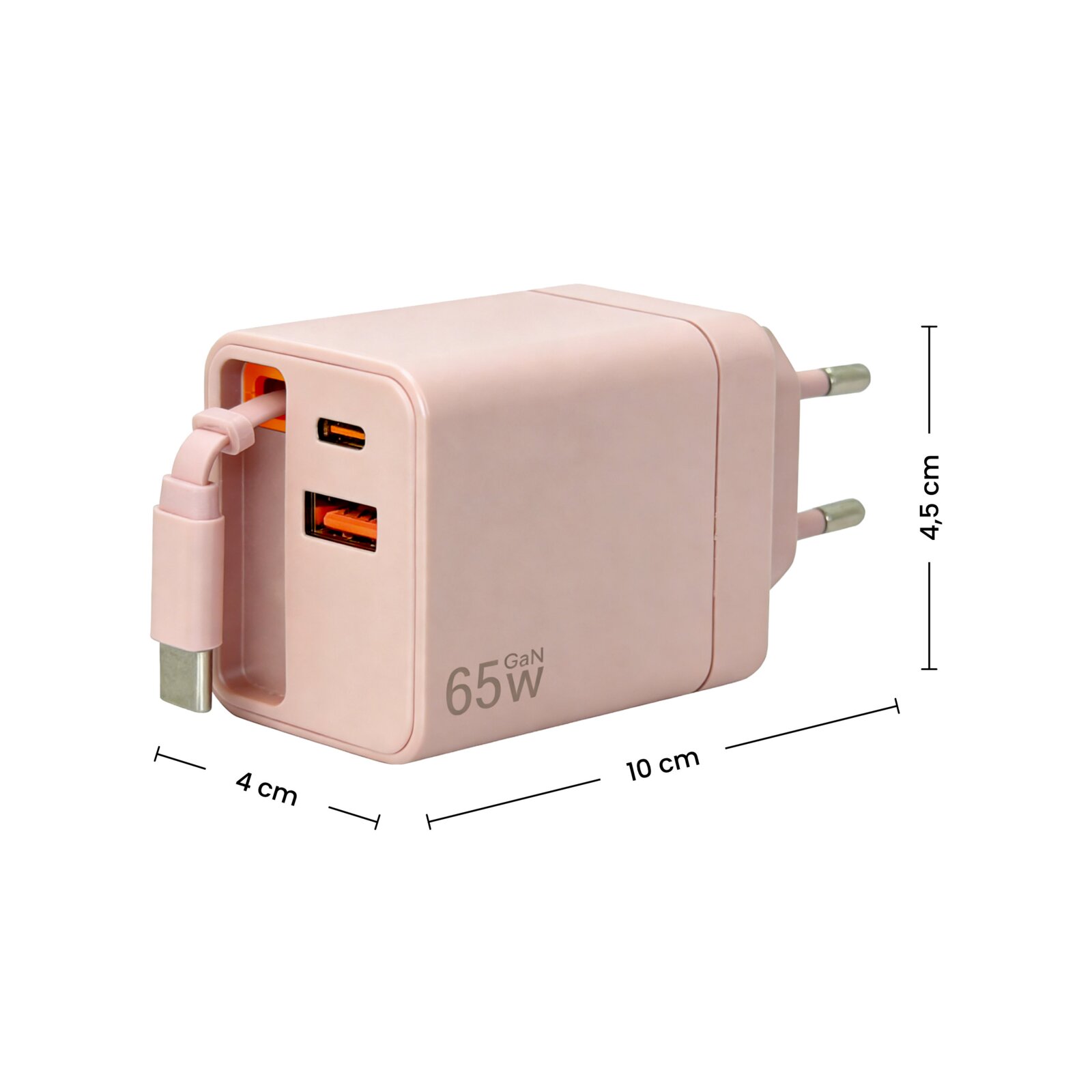 Rosa 65W GaN USB-Ladegerät mit EU-Stecker, ausklappbarem Kabel und USB-C- sowie USB-A-Port, schräg von vorne links fotografiert; Maße ca. 10 x 4,5 x 4 cm