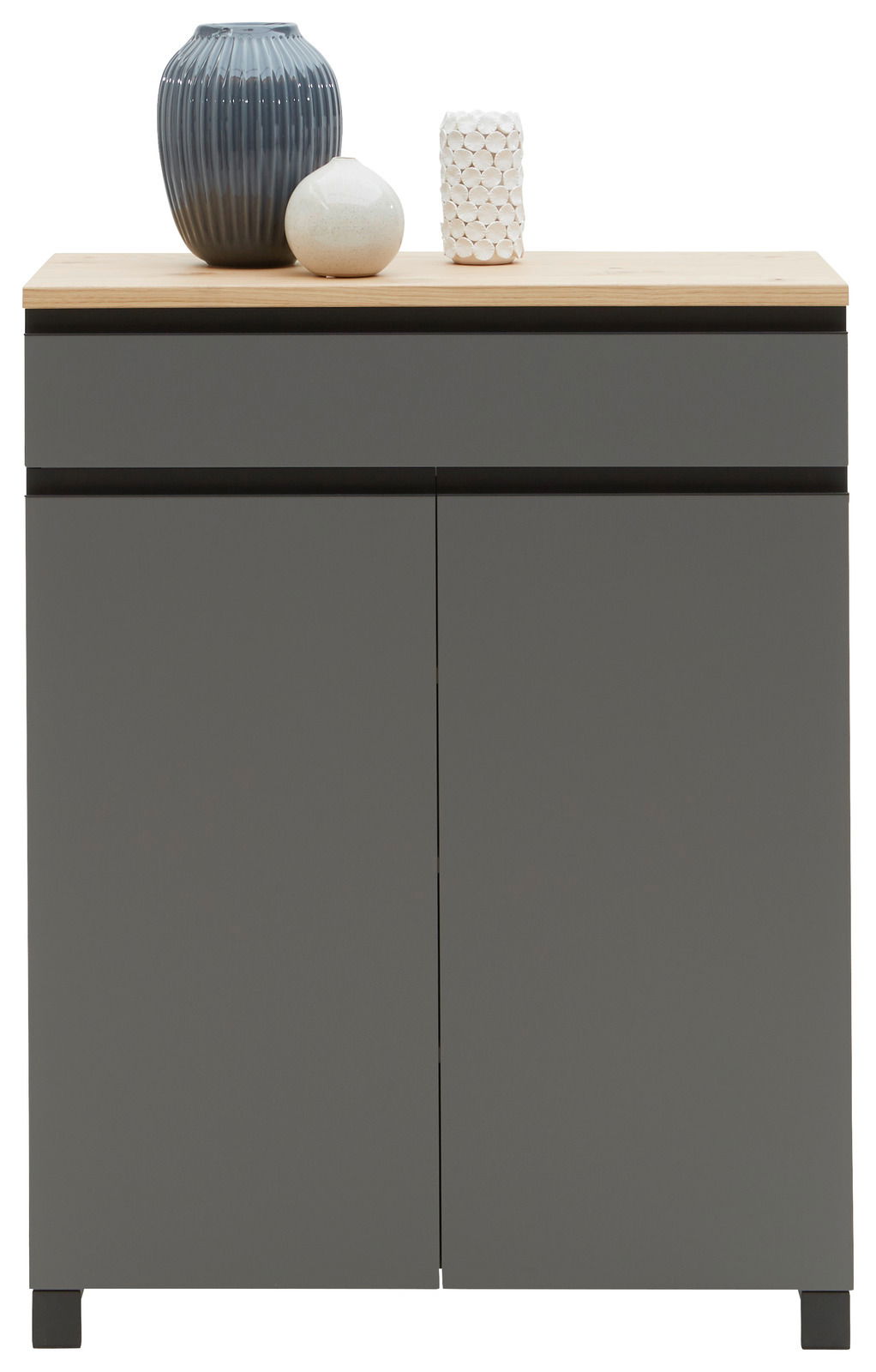 Dieter Knoll Schuhschrank SORRENT Moderner grauer Schuhschrank mit zwei Türen, dekoriert mit drei Vasen auf der Oberseite, Frontalansicht.