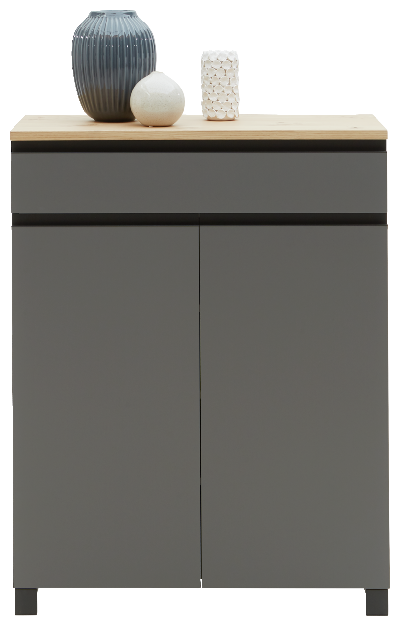 Dieter Knoll Schuhschrank SORRENT Moderner grauer Schuhschrank mit zwei Türen, dekoriert mit drei Vasen auf der Oberseite, Frontalansicht.