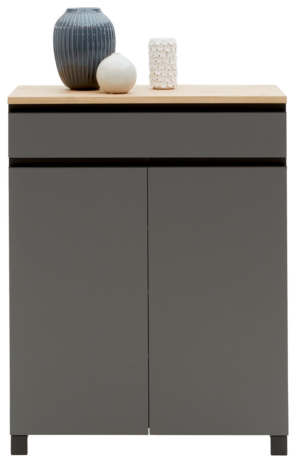 Dieter Knoll Schuhschrank SORRENT Moderner grauer Schuhschrank mit zwei Türen, dekoriert mit drei Vasen auf der Oberseite, Frontalansicht.