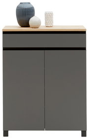 Moderner grauer Schuhschrank mit zwei Türen, dekoriert mit drei Vasen auf der Oberseite, Frontalansicht.