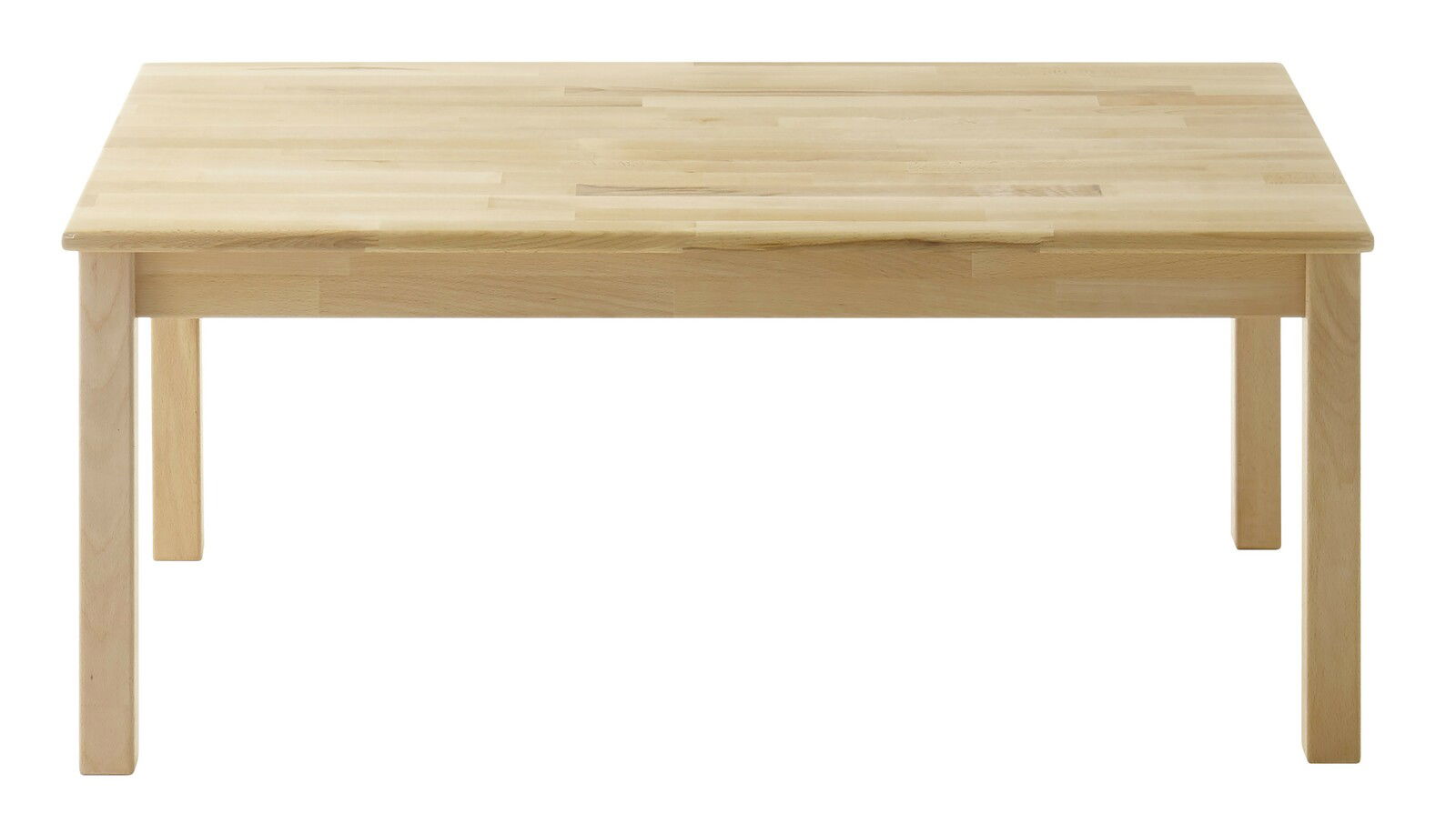Holz-Couchtisch in heller Holzfarbe, frontal fotografiert