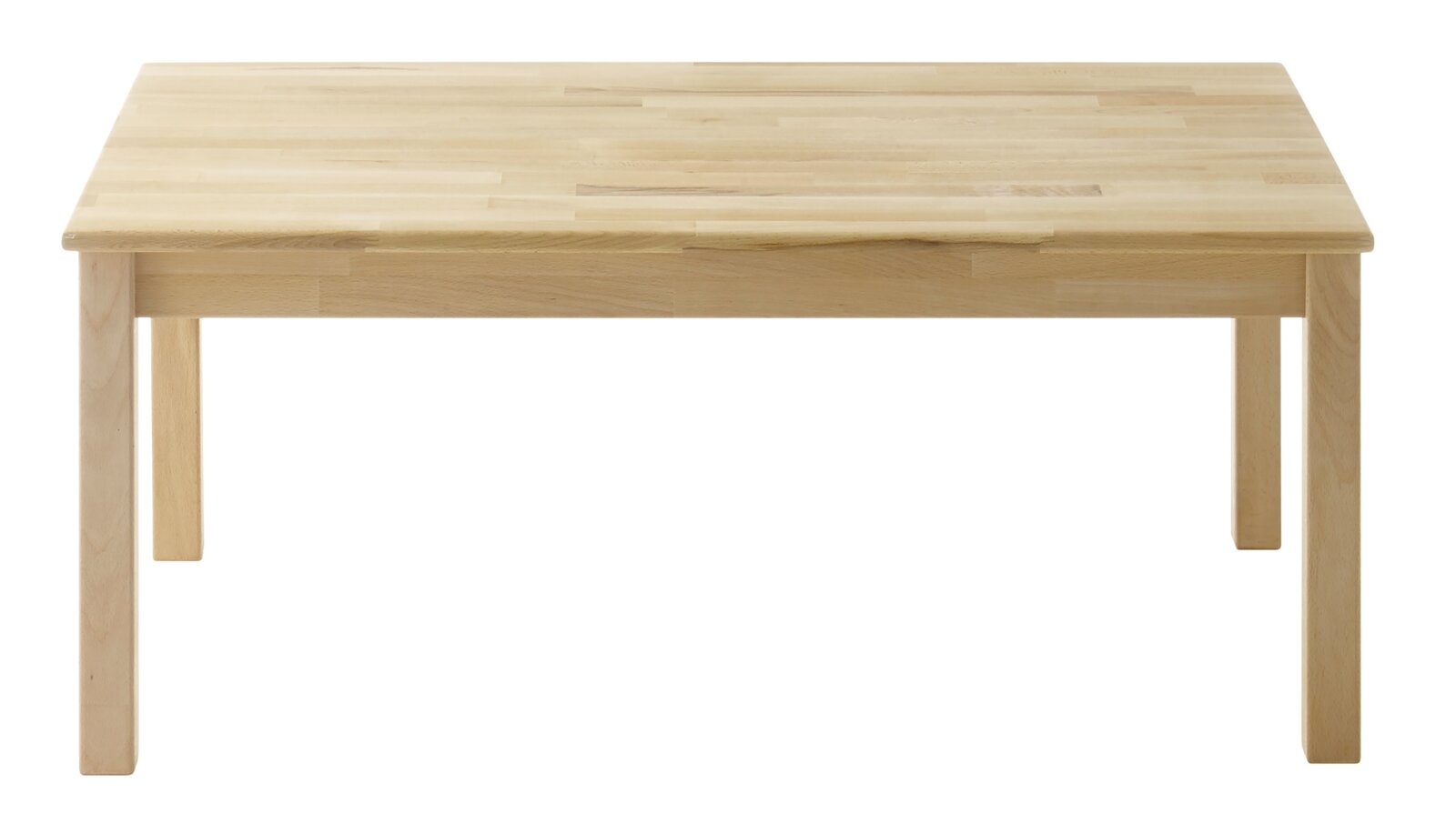Holz-Couchtisch in heller Holzfarbe, frontal fotografiert