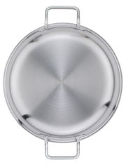 Ansicht von oben auf eine silberne Servierpfanne XL CLASSIC mit zwei Griffen, 24 cm Durchmesser.