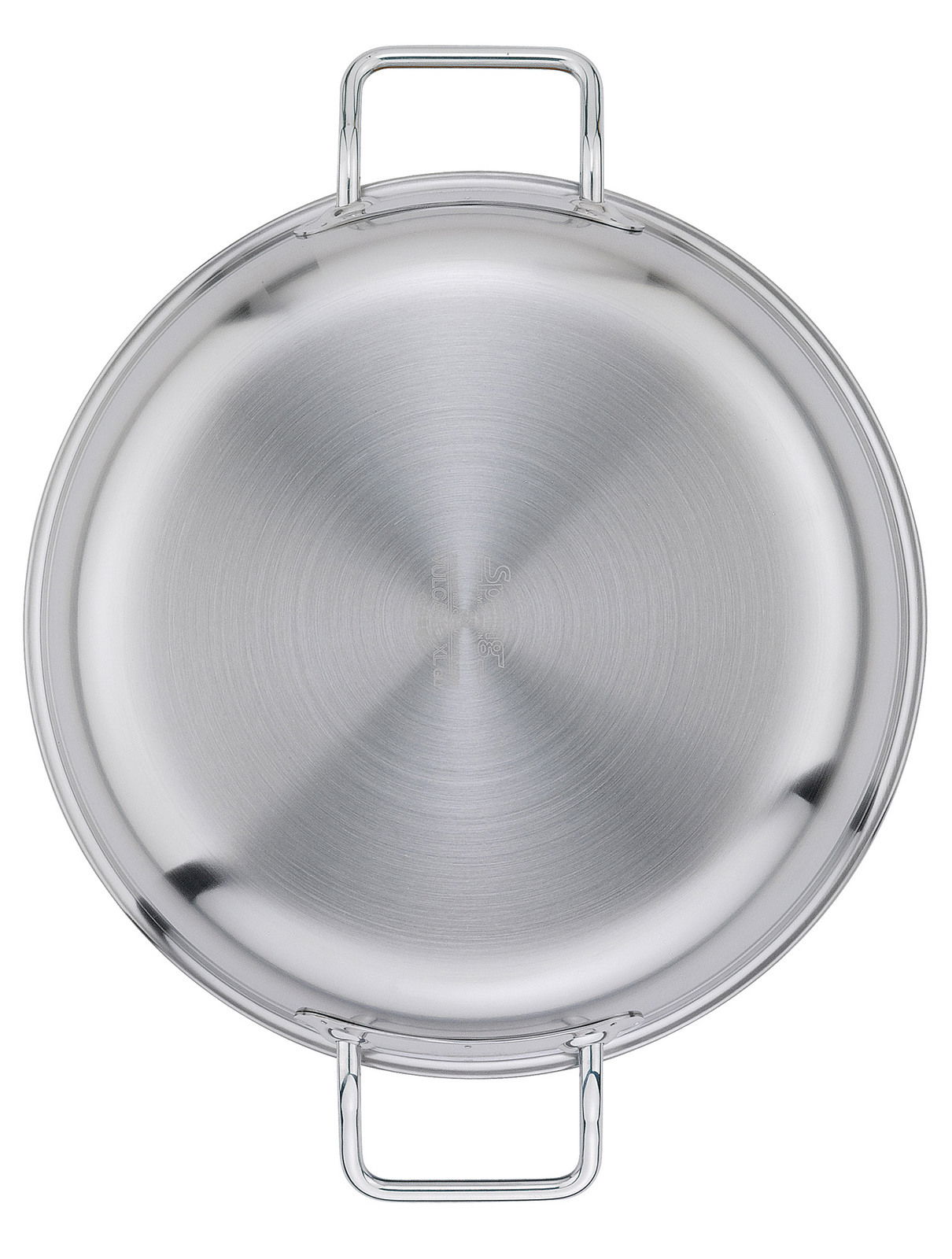 Ansicht von oben auf eine silberne Servierpfanne XL CLASSIC mit zwei Griffen, 24 cm Durchmesser.
