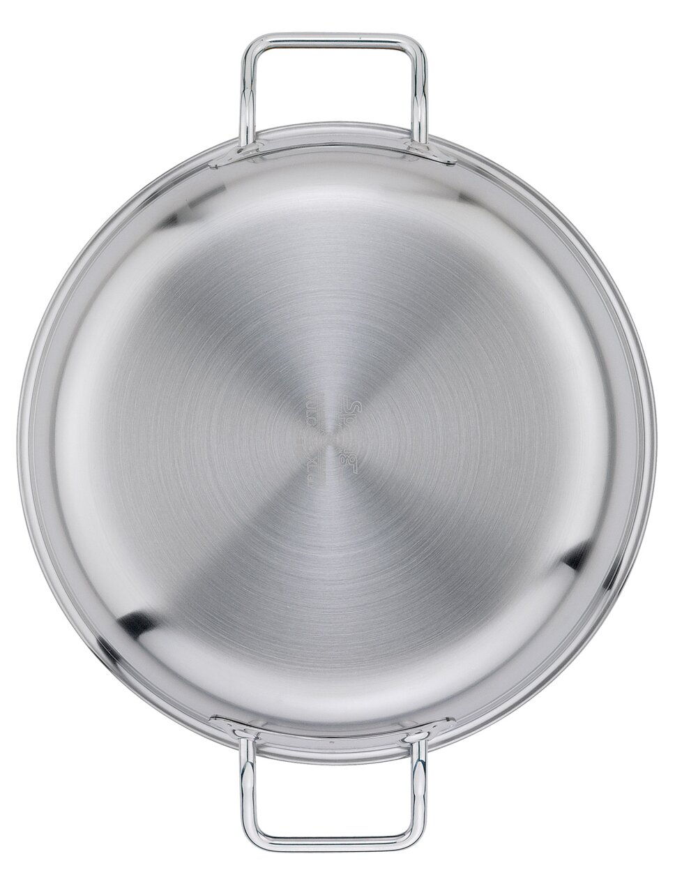 Ansicht von oben auf eine silberne Servierpfanne XL CLASSIC mit zwei Griffen, 24 cm Durchmesser.