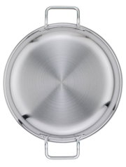 Ansicht von oben auf eine silberne Servierpfanne XL CLASSIC mit zwei Griffen, 24 cm Durchmesser.