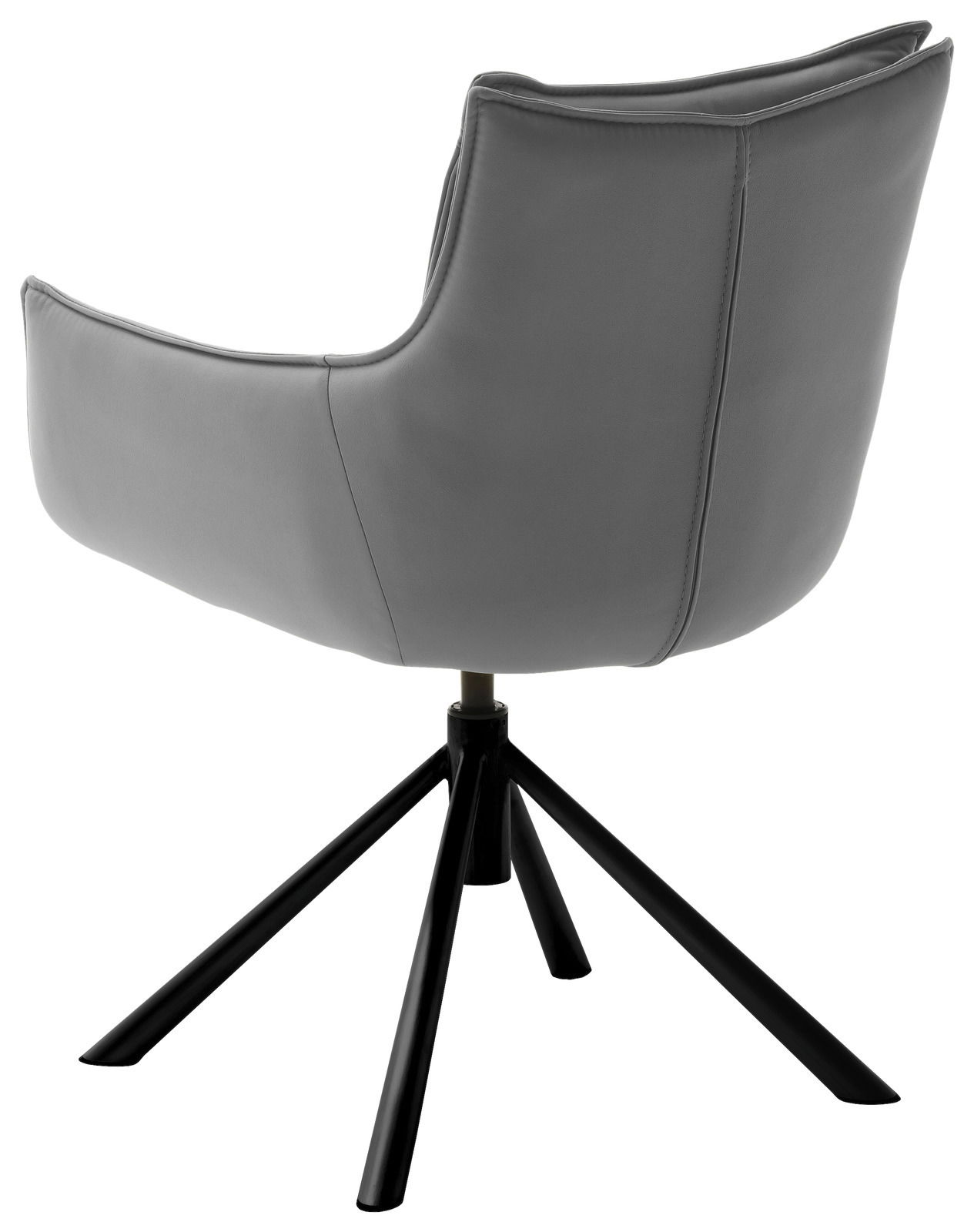 Rückansicht eines grauen Sessels mit schwarzem Metallgestell und drehbarem Fuß.