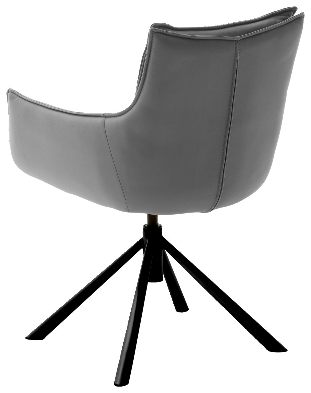 Rückansicht eines grauen Sessels mit schwarzem Metallgestell und drehbarem Fuß.