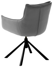 Rückansicht eines grauen Sessels mit schwarzem Metallgestell und drehbarem Fuß.