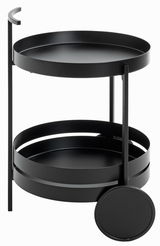 Moderner schwarzer Servierwagen mit zwei runden Ablagen und Rädern, seitliche Perspektive.
