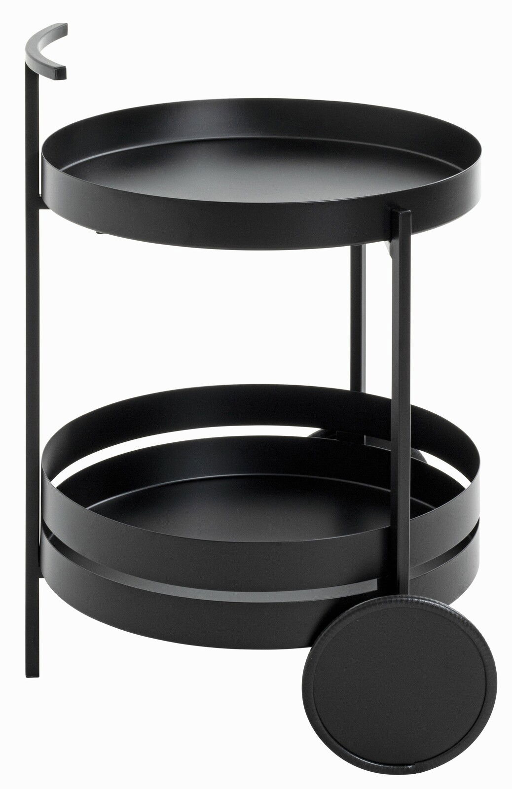 Moderner schwarzer Servierwagen mit zwei runden Ablagen und Rädern, seitliche Perspektive.