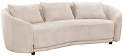 Beiges 3-Sitzer-Sofa mit gerundeten Armlehnen und weichem, geripptem Stoffbezug, seitliche Perspektive