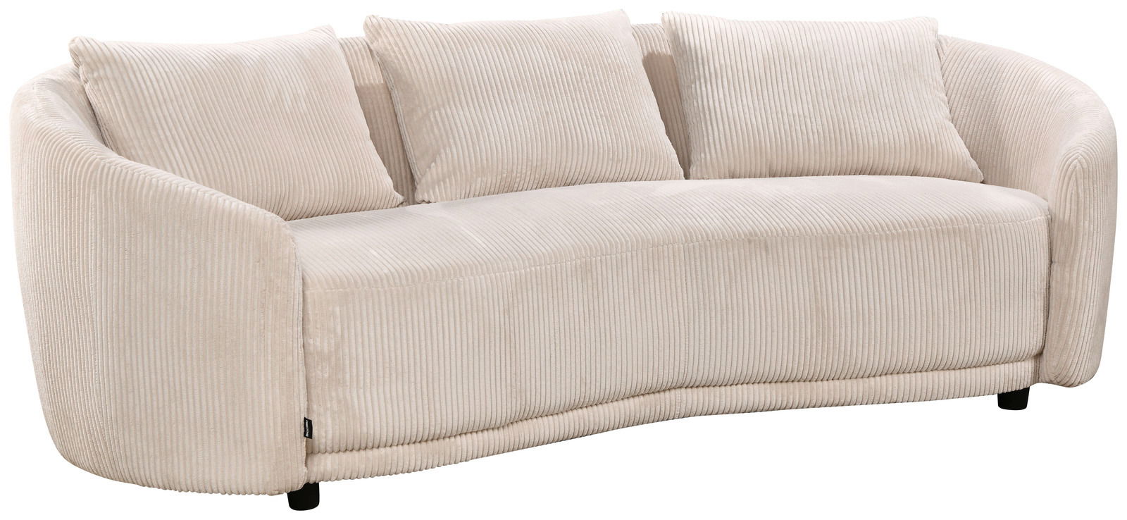 Beiges 3-Sitzer-Sofa mit gerundeten Armlehnen und weichem, geripptem Stoffbezug, seitliche Perspektive