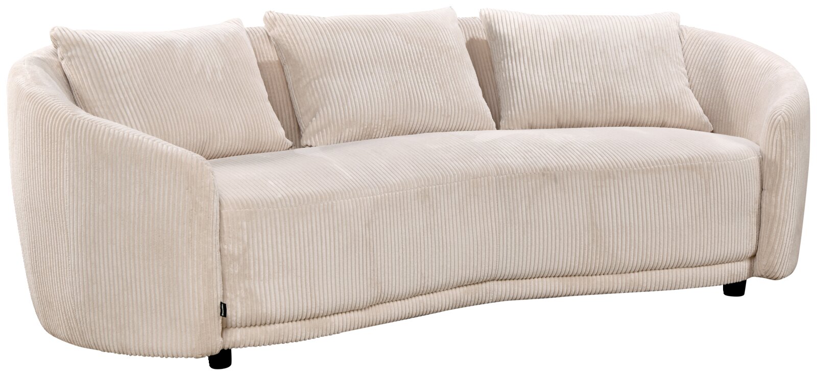 Beige driezitsbank met afgeronde armleuningen en een zachte, geribbelde stoffen bekleding, zijaanzicht