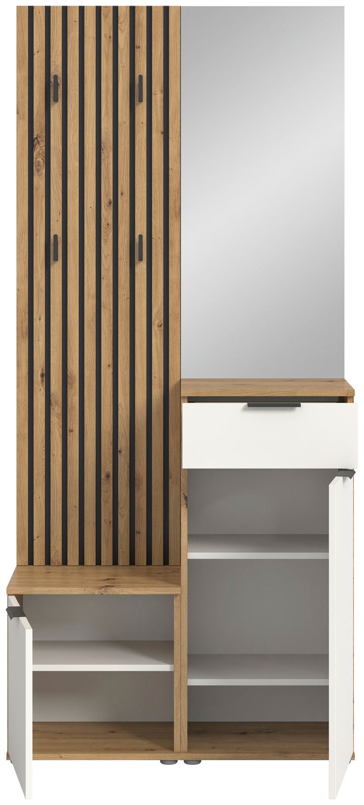 Kompaktgarderobe aus Holz mit vertikalen Streifen, Spiegel und Stauraum, Frontalansicht