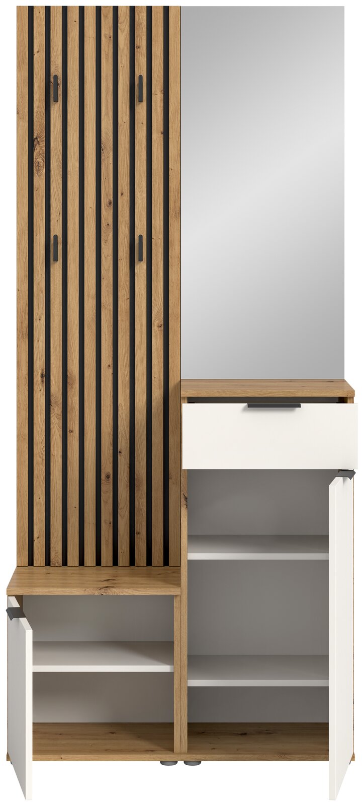 Kompaktgarderobe aus Holz mit vertikalen Streifen, Spiegel und Stauraum, Frontalansicht