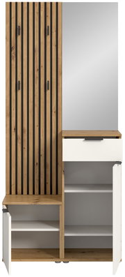 Kompaktgarderobe aus Holz mit vertikalen Streifen, Spiegel und Stauraum, Frontalansicht