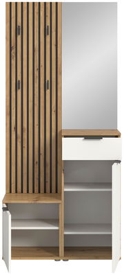 Kompaktgarderobe aus Holz mit vertikalen Streifen, Spiegel und Stauraum, Frontalansicht