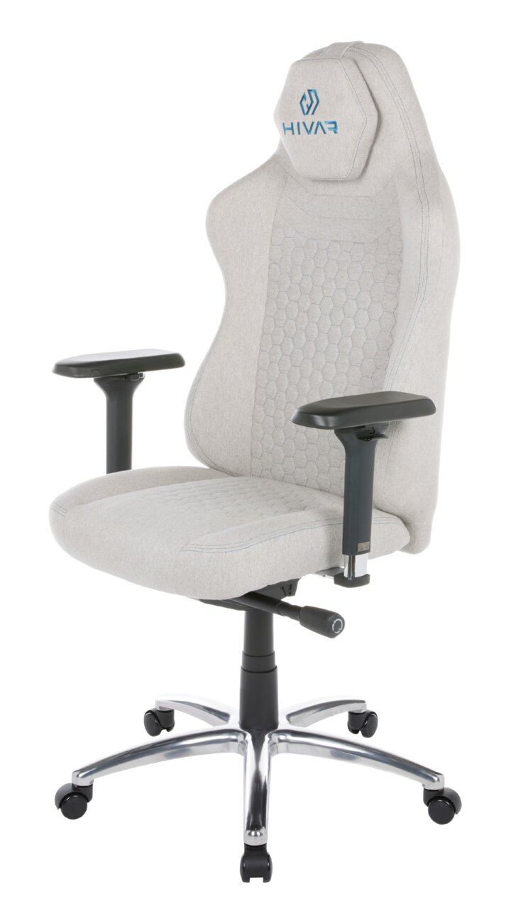 Grauer Gaming Stuhl mit ergonomischem Design, verstellbaren Armlehnen und stabiler Basis, seitliche Perspektive