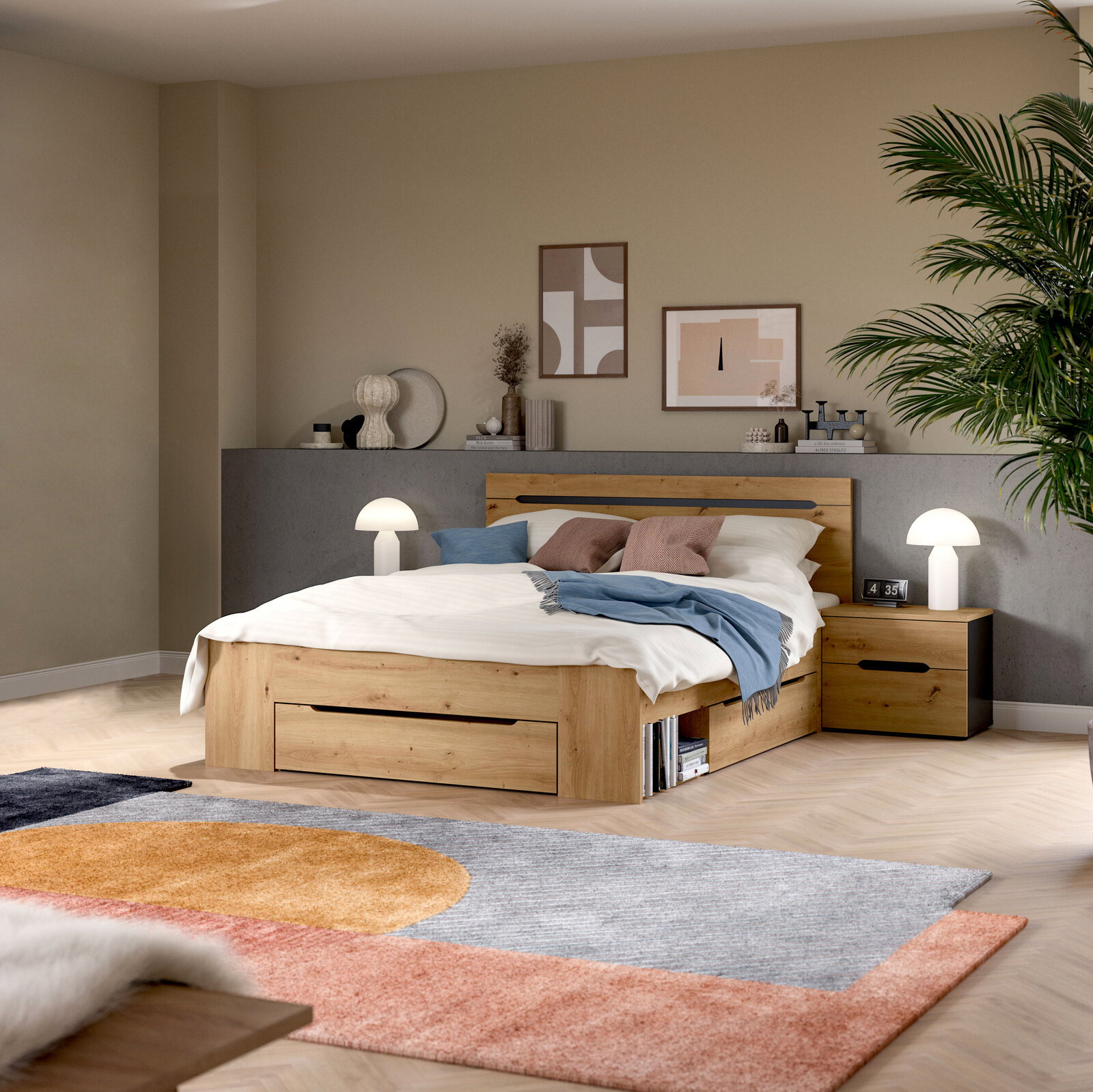 MID.YOU Schlafzimmer-Set CANU Modernes Holzbett mit Stauraum-Schublade und passendem Nachttisch im Schlafzimmer, schräg von vorne aus leicht erhöhter Perspektive fotografiert
