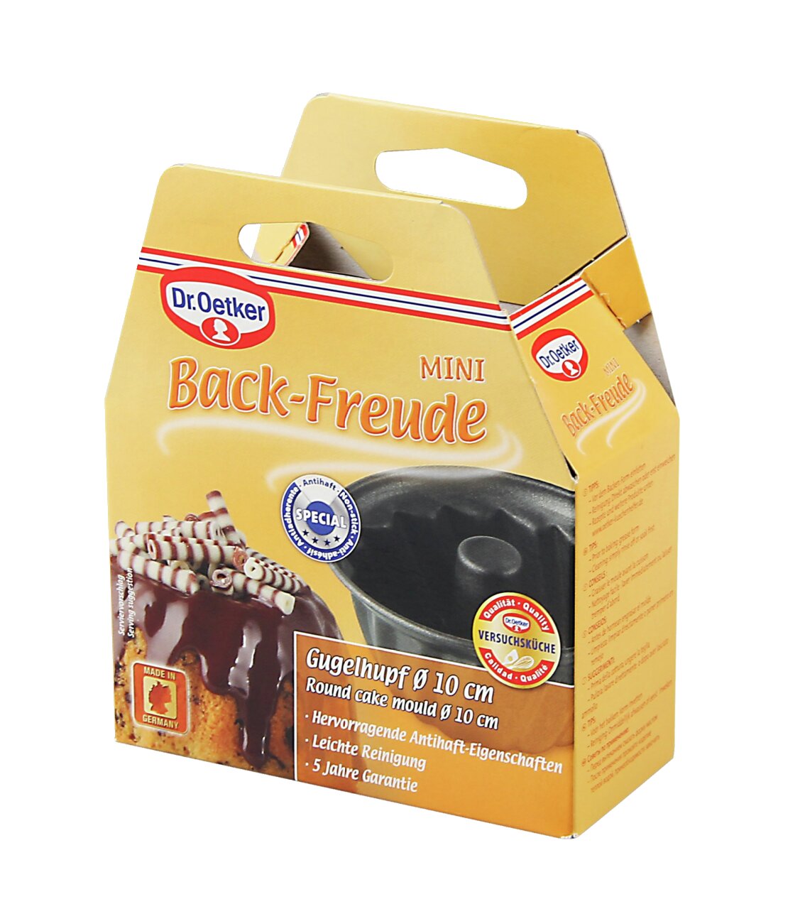 Verpakking van de Dr. Oetker Mini Back-Freude tulbandvorm, 10 cm, in schuin perspectief