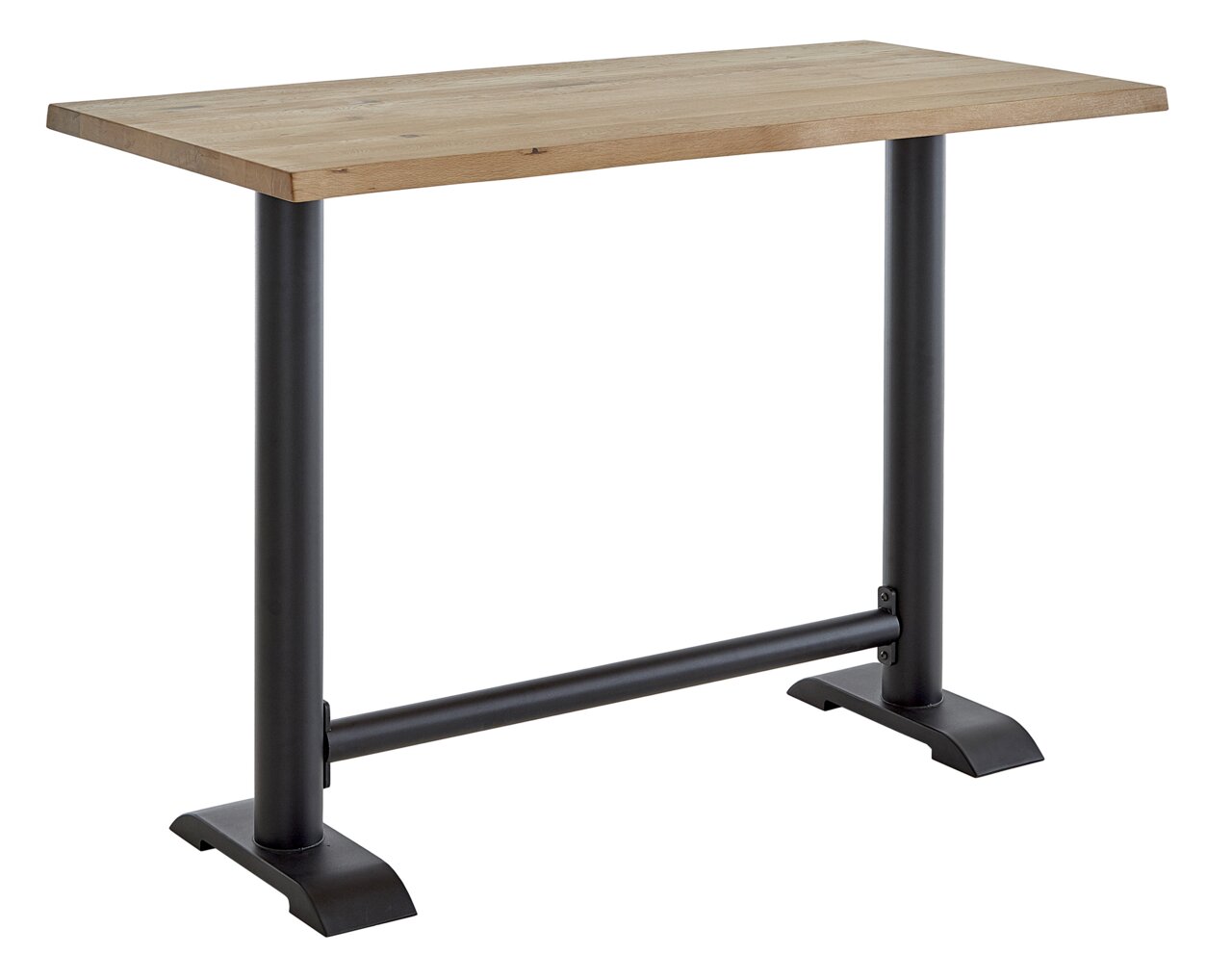 Moderne bartafel met houten blad en zwarte metalen poten, zijaanzicht