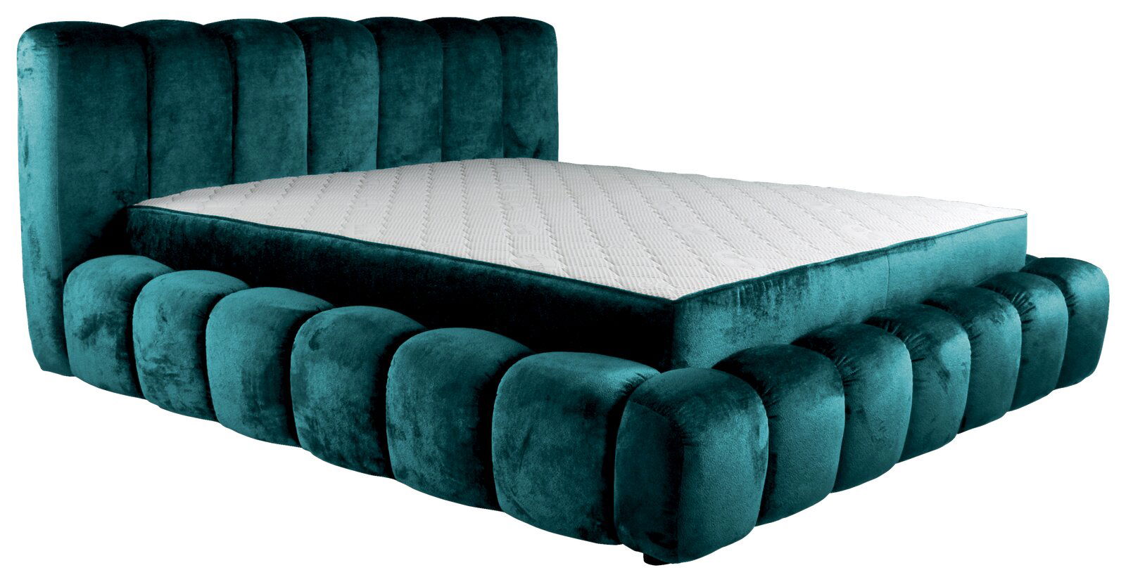 Polsterbett in smaragdgrünem Samt mit gestepptem Kopfteil, seitliche Perspektive