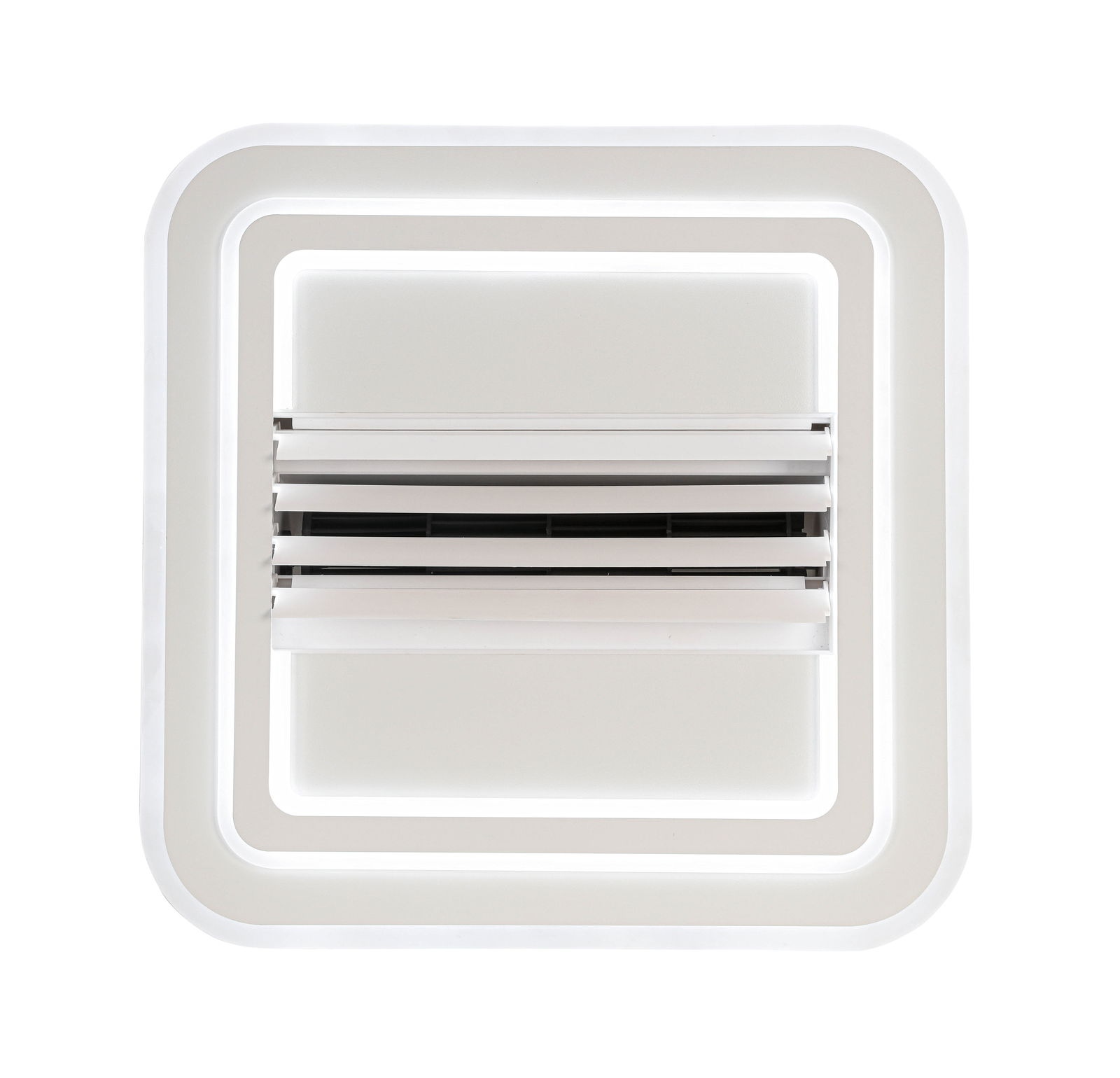 Moderner Deckenventilator in quadratischer Form, Ansicht von unten.