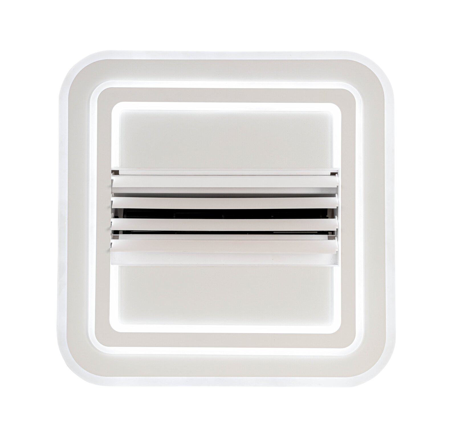Moderner Deckenventilator in quadratischer Form, Ansicht von unten.