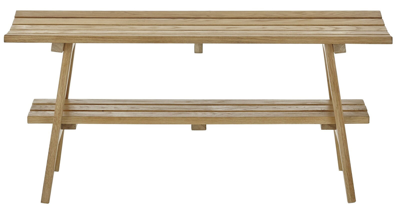 Garderobenbank aus Holz mit zwei Ebenen, frontal betrachtet.