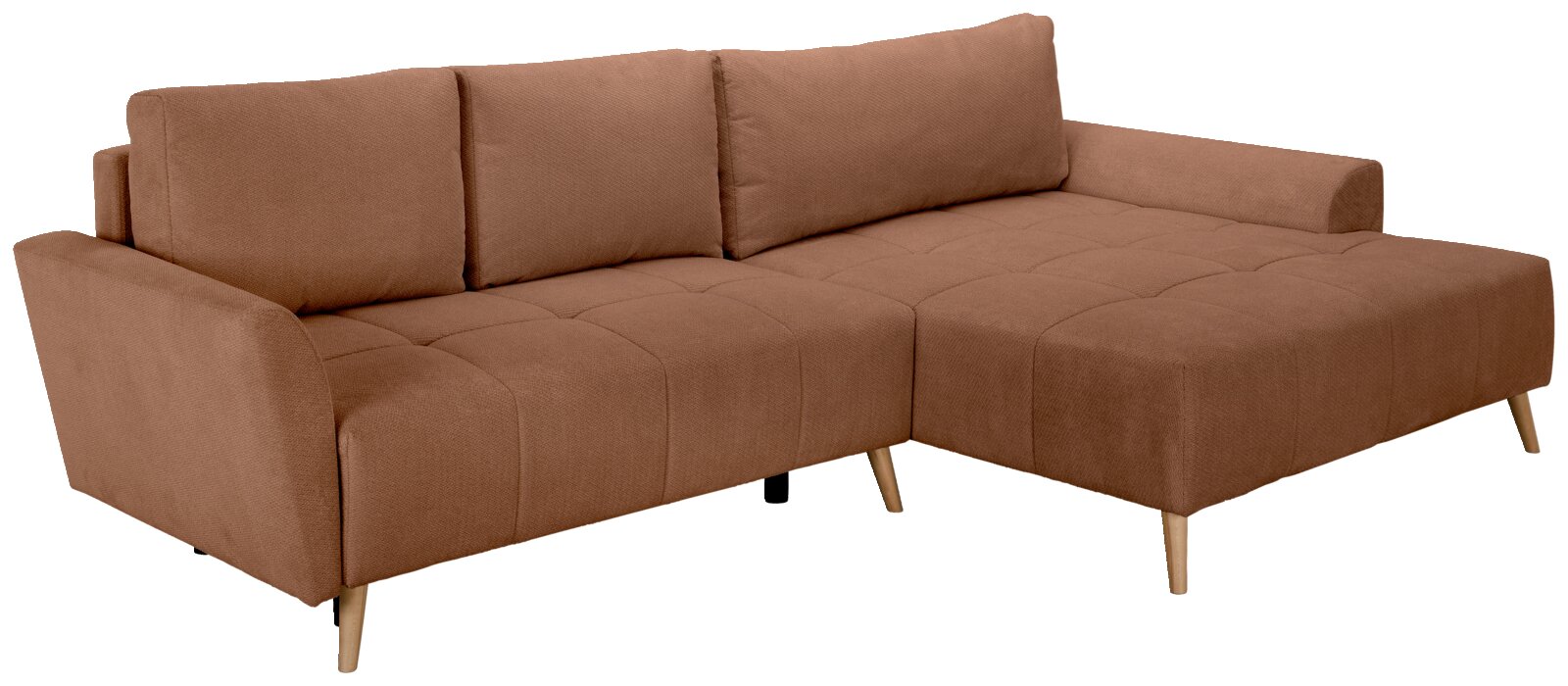 Z2 Ecksofa ZELDA Braunes L-förmiges Ecksofa mit Recamiere rechts, Stoffbezug, gepolsterten Armlehnen und Holzfüßen, perspektivische Ansicht schräg von vorne