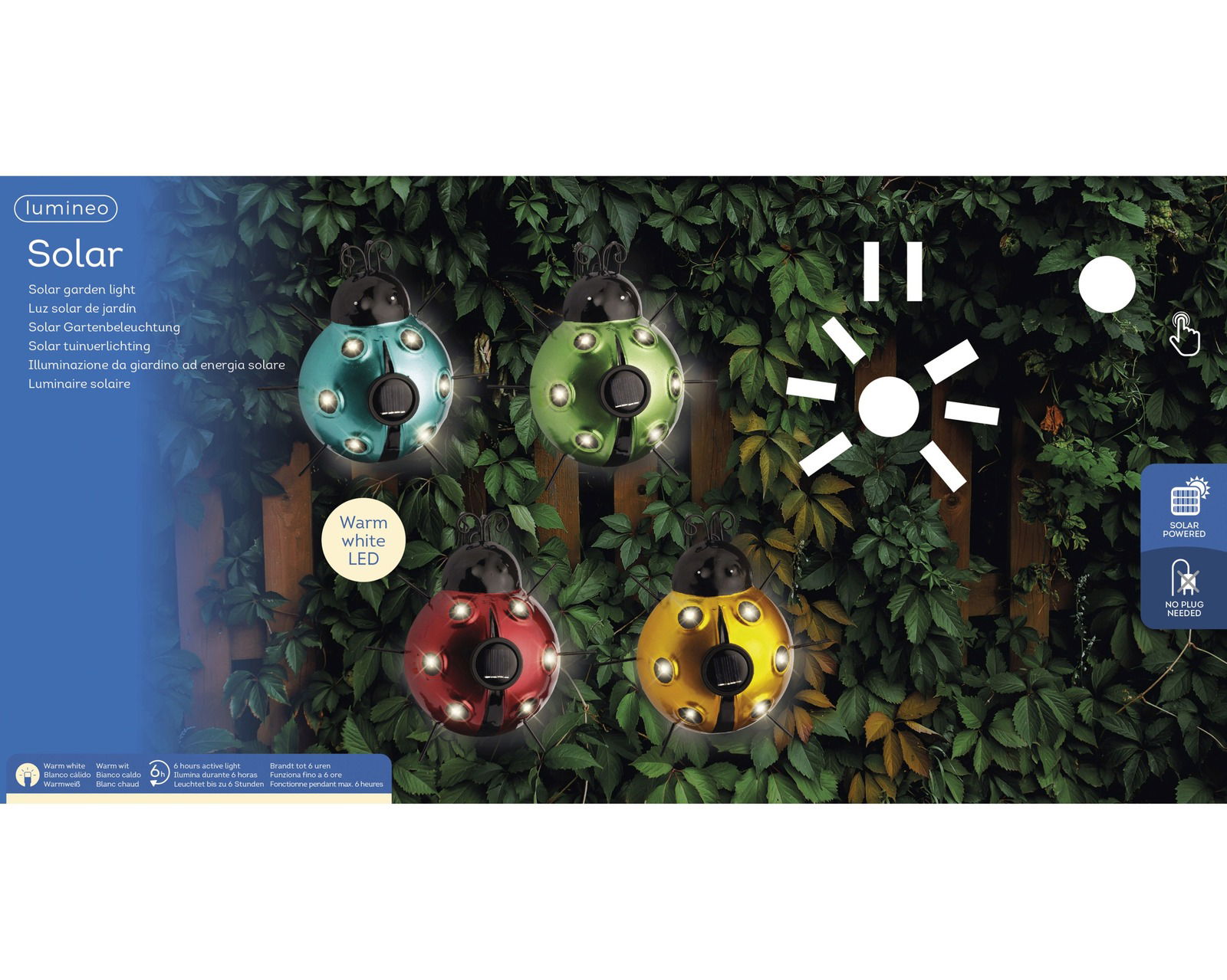 Vier bunte Solar-Insektenleuchten in Marienkäferform an einer mit Blättern bedeckten Wand, mit warmweißen LEDs, aus der Vorderansicht.