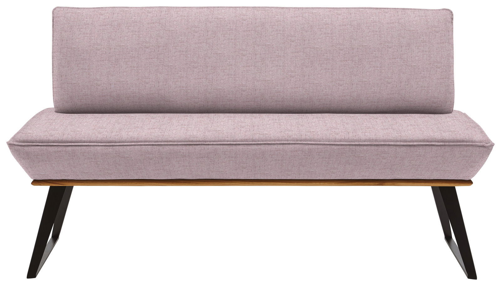 Violette Bank mit gepolsterter Sitzfläche und Rückenlehne, schwarze Metallbeine, Frontalansicht