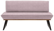 Violette Bank mit gepolsterter Sitzfläche und Rückenlehne, schwarze Metallbeine, Frontalansicht