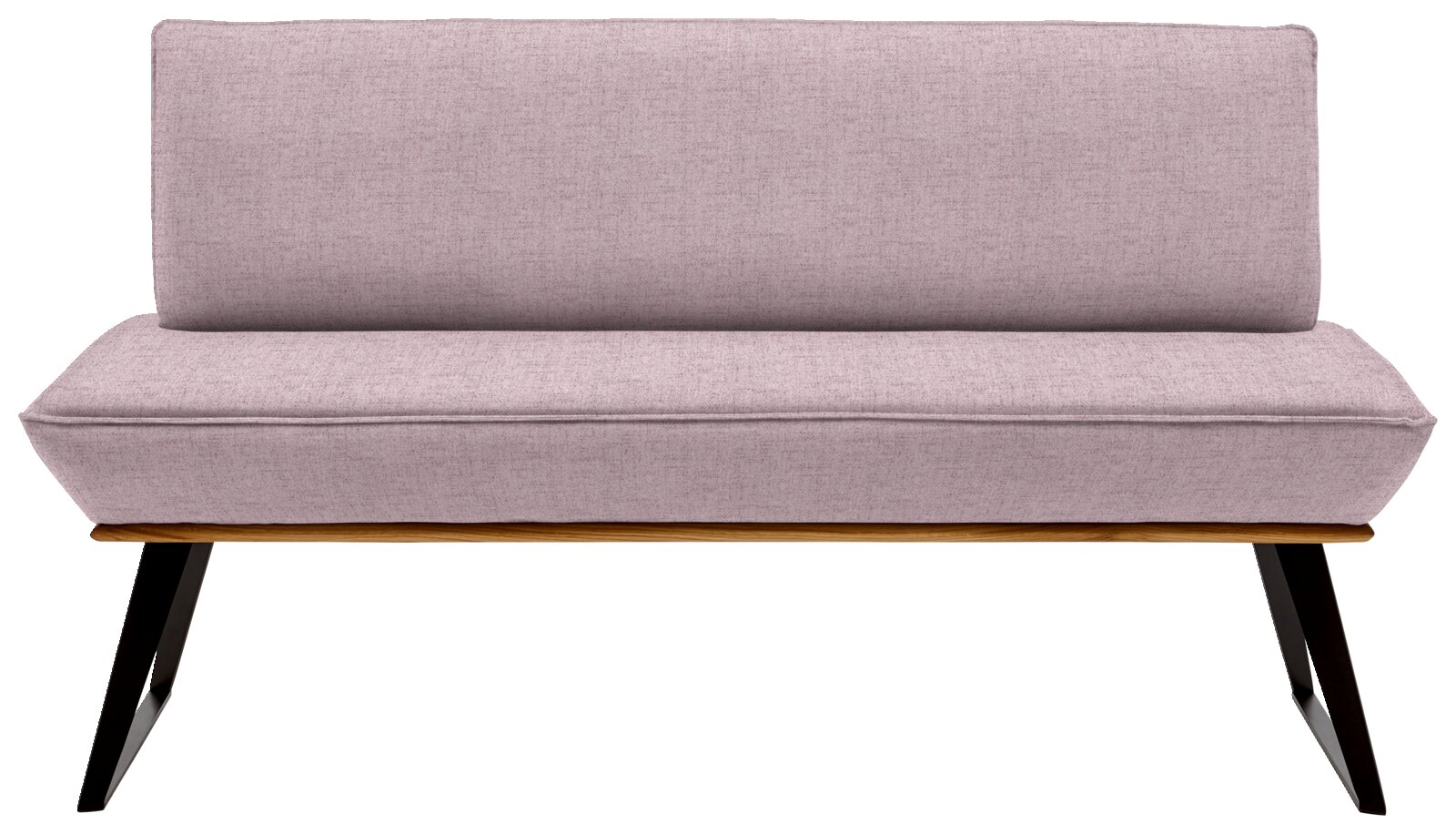 Violette Bank mit gepolsterter Sitzfläche und Rückenlehne, schwarze Metallbeine, Frontalansicht
