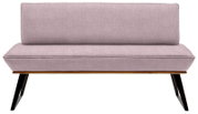 Violette Bank mit gepolsterter Sitzfläche und Rückenlehne, schwarze Metallbeine, Frontalansicht