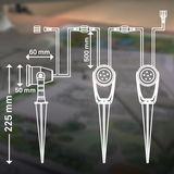 Diagramm eines Erdspieß Spot Verlängerungssets mit Abmessungen. Seitliche und frontale Perspektive.