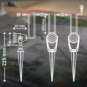 Diagramm eines Erdspieß Spot Verlängerungssets mit Abmessungen. Seitliche und frontale Perspektive.