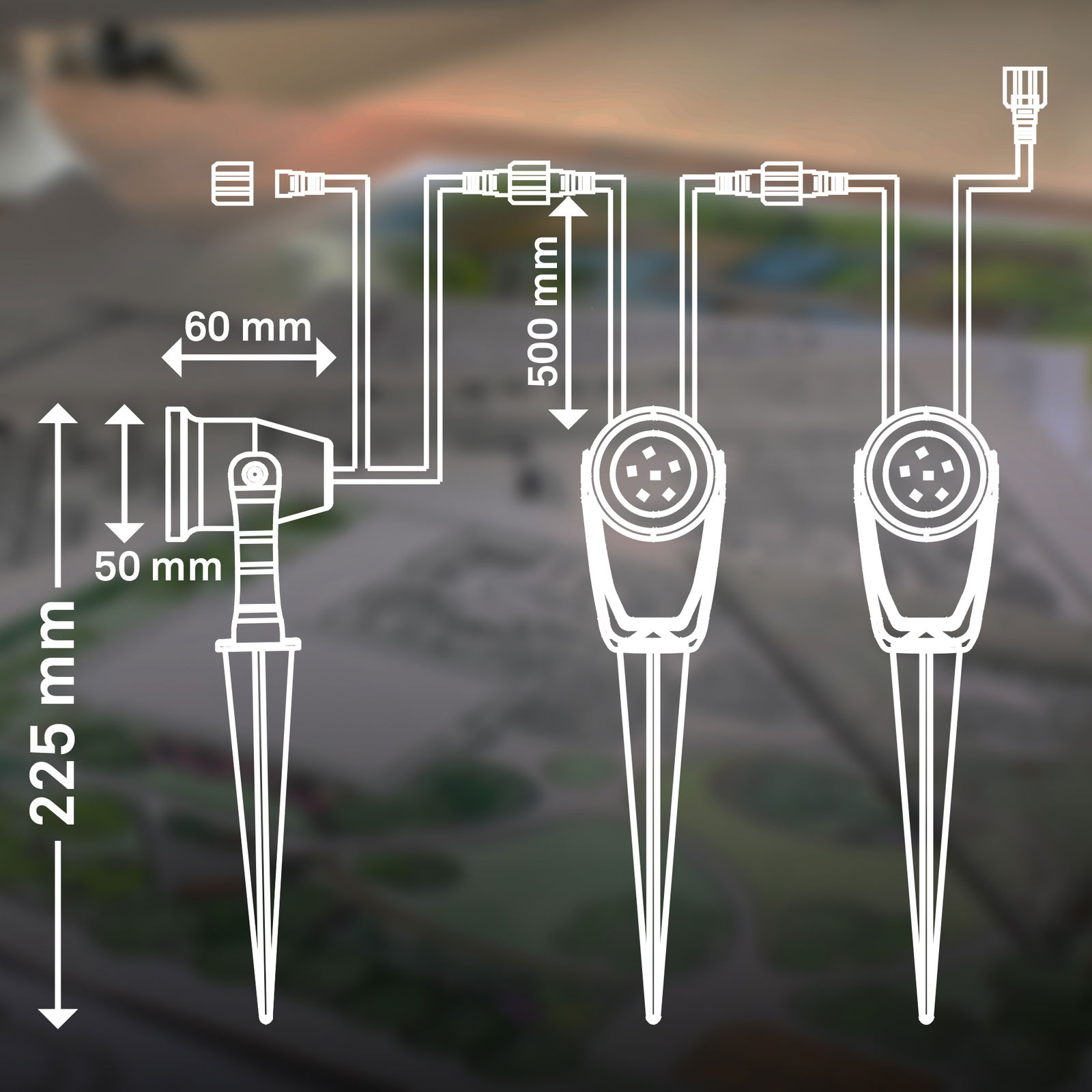 Diagramm eines Erdspieß Spot Verlängerungssets mit Abmessungen. Seitliche und frontale Perspektive.