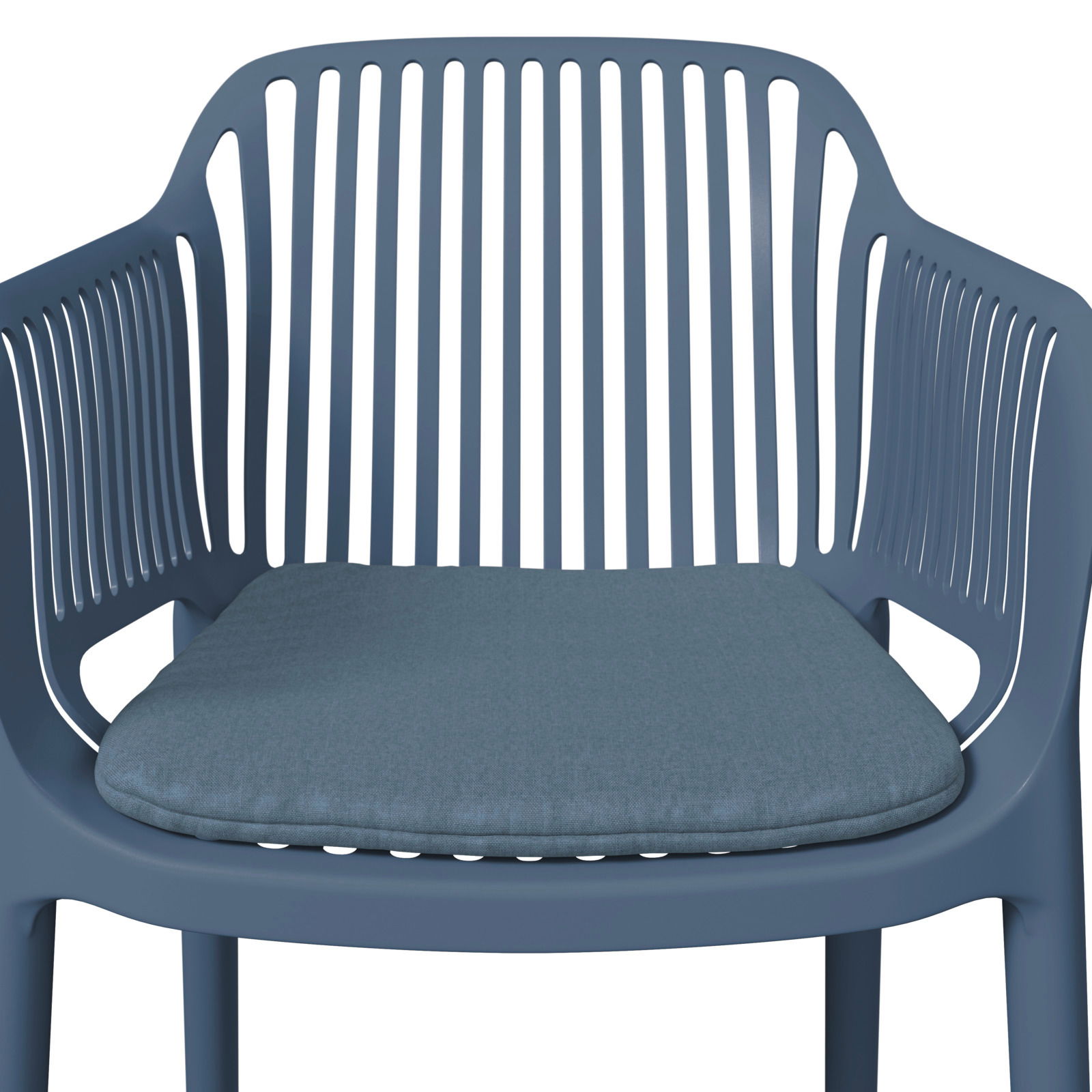 Blauer Stapelsessel mit Kissen, Vorderansicht