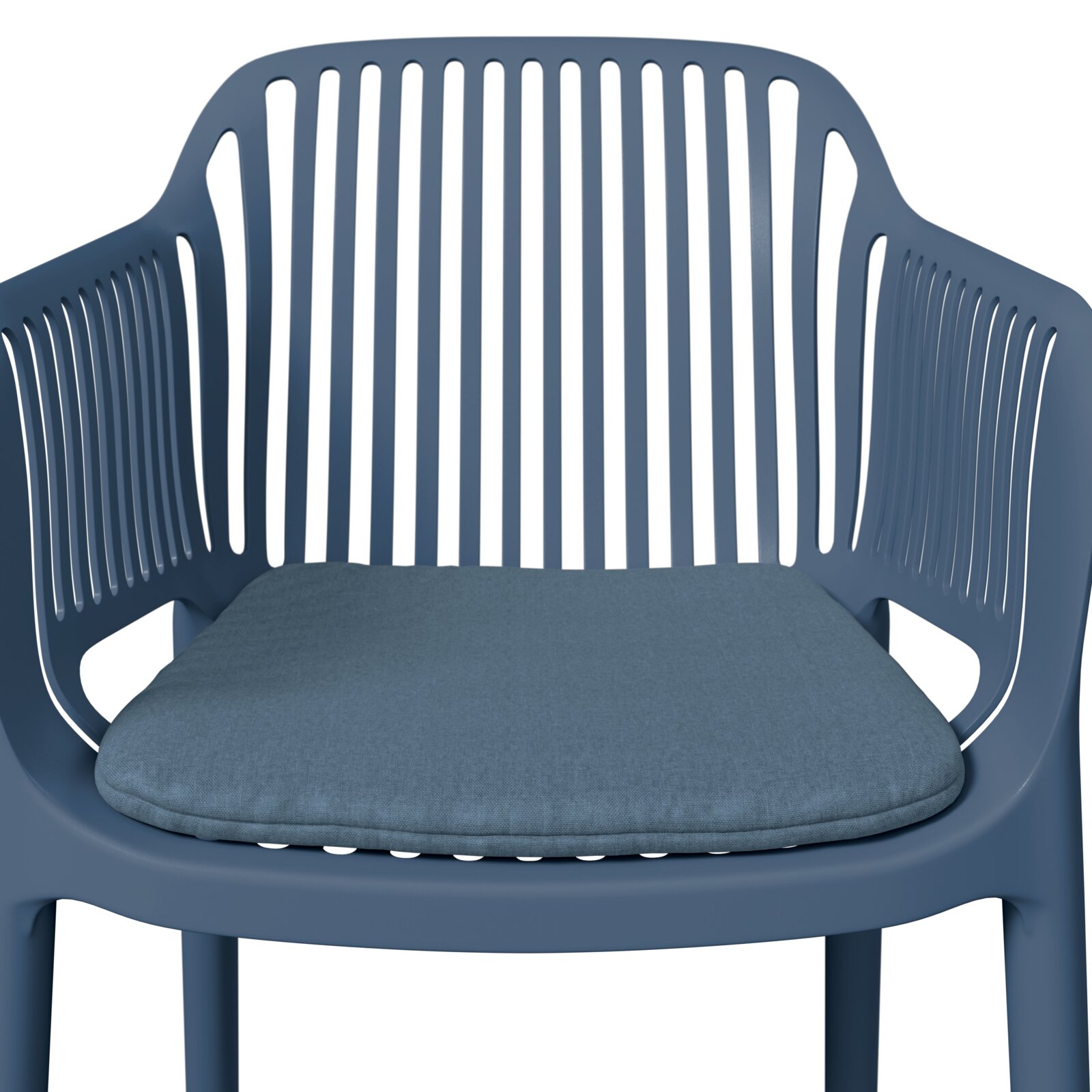 Blauer Stapelsessel mit Kissen, Vorderansicht