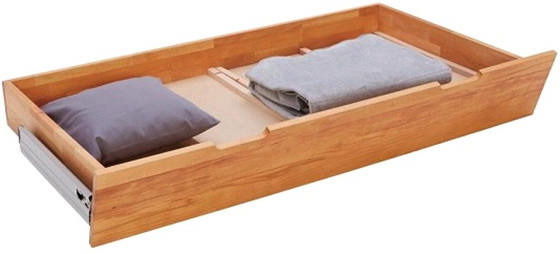 Linea Natura Bettschubkasten AMAZON Holz-Bettschubkasten mit Kissen und Decke, seitliche Perspektive