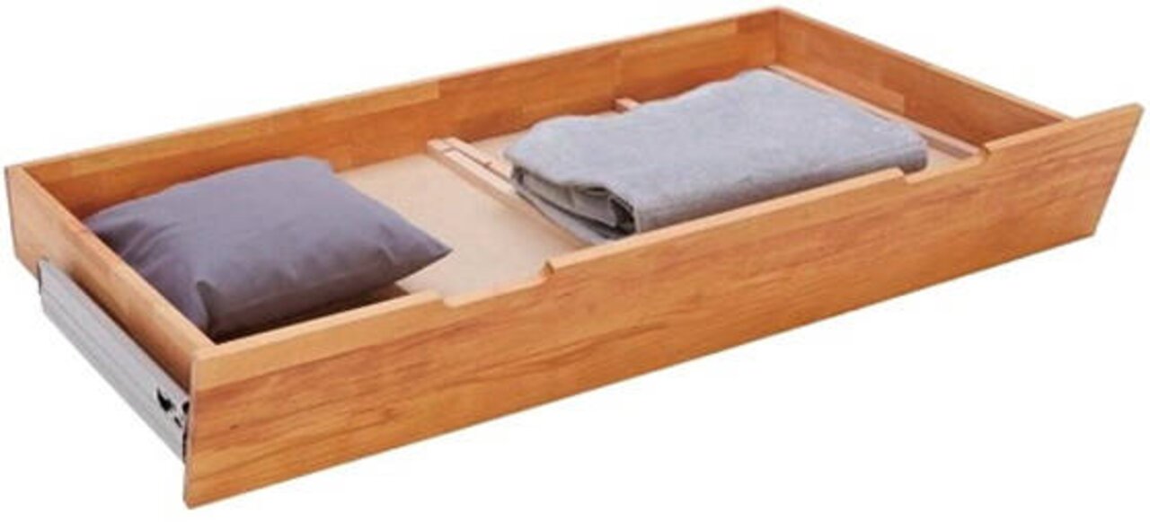 Holz-Bettschubkasten mit Kissen und Decke, seitliche Perspektive