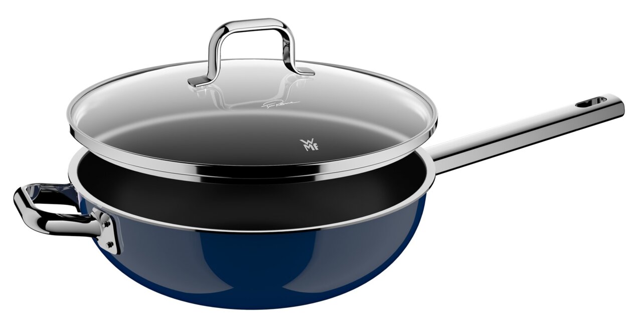 WMF Wok met steel en deksel, Ø 28 cm FUSIONTEC MINERAL PRO Stielwok 28cm mit Deckel, seitliche Perspektive, blaues Design mit Edelstahlgriff und Glasdeckel