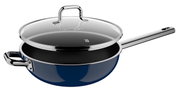 Stielwok 28cm mit Deckel, seitliche Perspektive, blaues Design mit Edelstahlgriff und Glasdeckel
